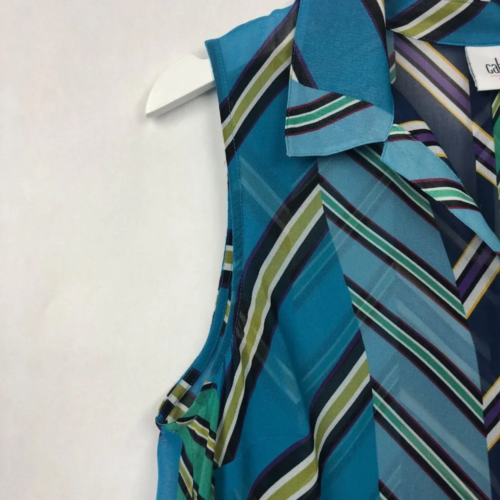 CAbi Blue Multi Diagonal Stripe Collared Sleeveless Blouse Size Medium - Picture 4 of 14